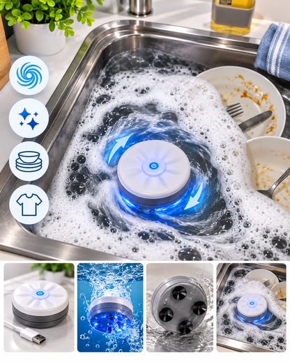 Portable Mini Turbo Washer – USB Powered 360° Cleaning for Dishes & Small Laundry